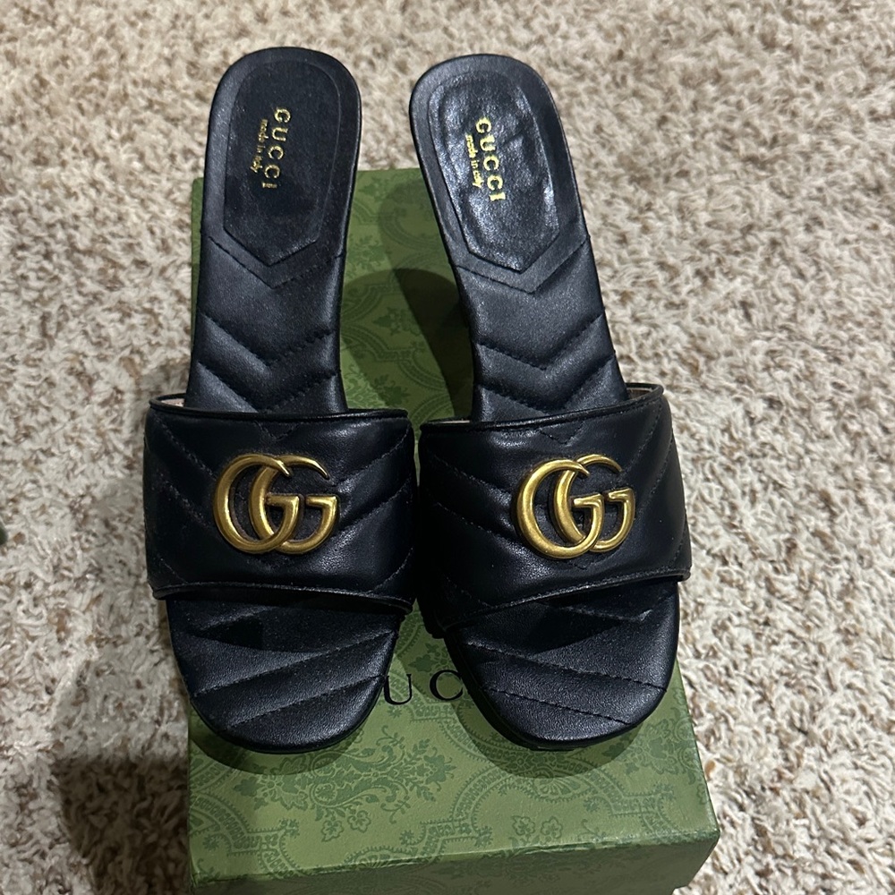 Gucci Black Quilted Leather Slide Mules with Gold Double G